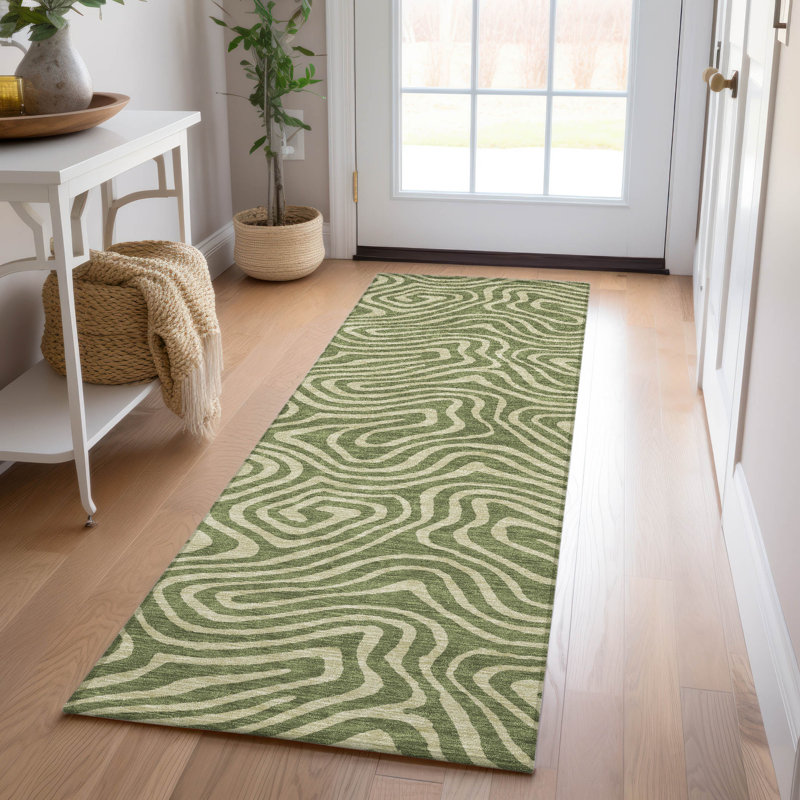 Olive and Beige Flat Woven Synthetic Runner Rug