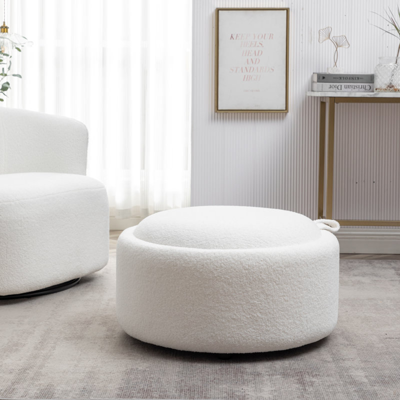 Savinien Upholstered Round Storage Ottoman, White Performance Boucle