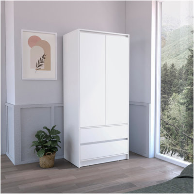 Armoire, garde-robe avec deux tiroirs, tringle, blanc