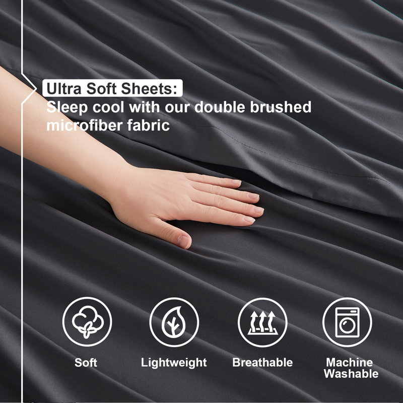  Ensemble de draps double brossé de luxe pour hôtel avec draps et taies d'oreiller très doux, Gris anthracite, Double XL