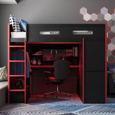 Lit mezzanine double en bois avec bureau