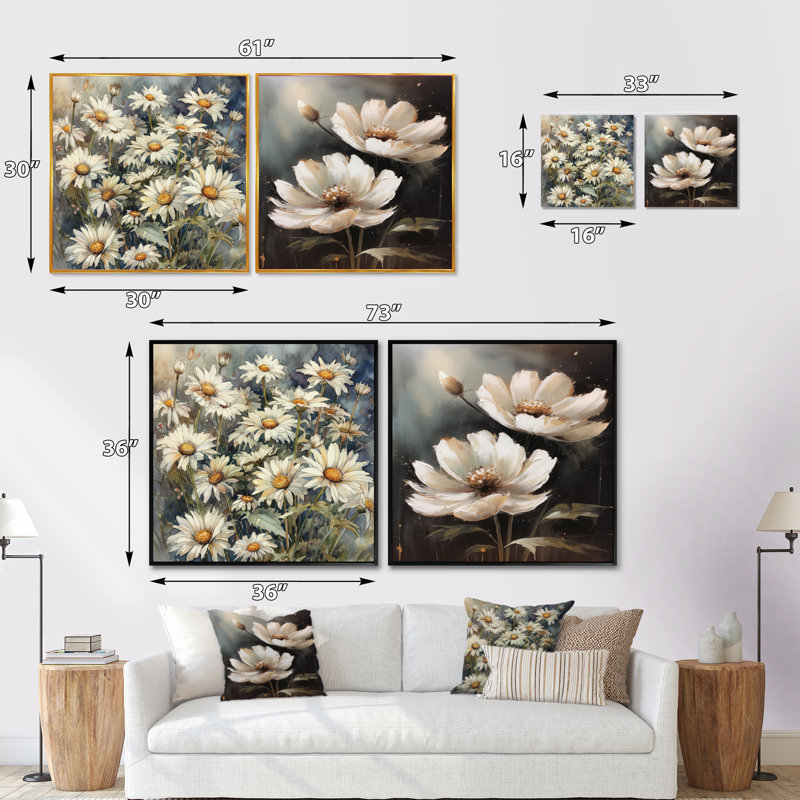 Melody of Daisy - blanc et vert, Cadre flottant noir, H 16 po x l 33 po