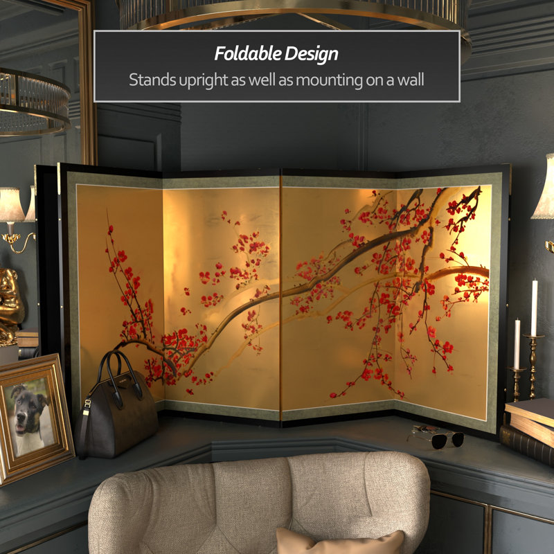 24" Plum Tree on Gold Leaf 4 Panel Room Divider, 36" H x 72" W x 1" D