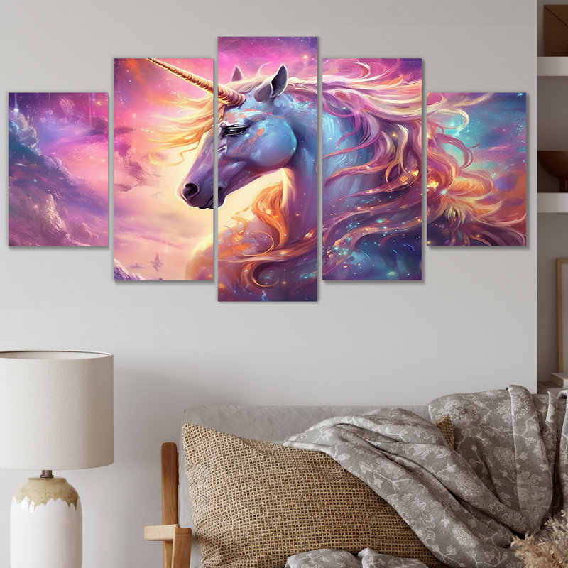 Cosmic Purple Unicorn Magic II - Fantasy Unicorn Wall Decor - 5 Panels
