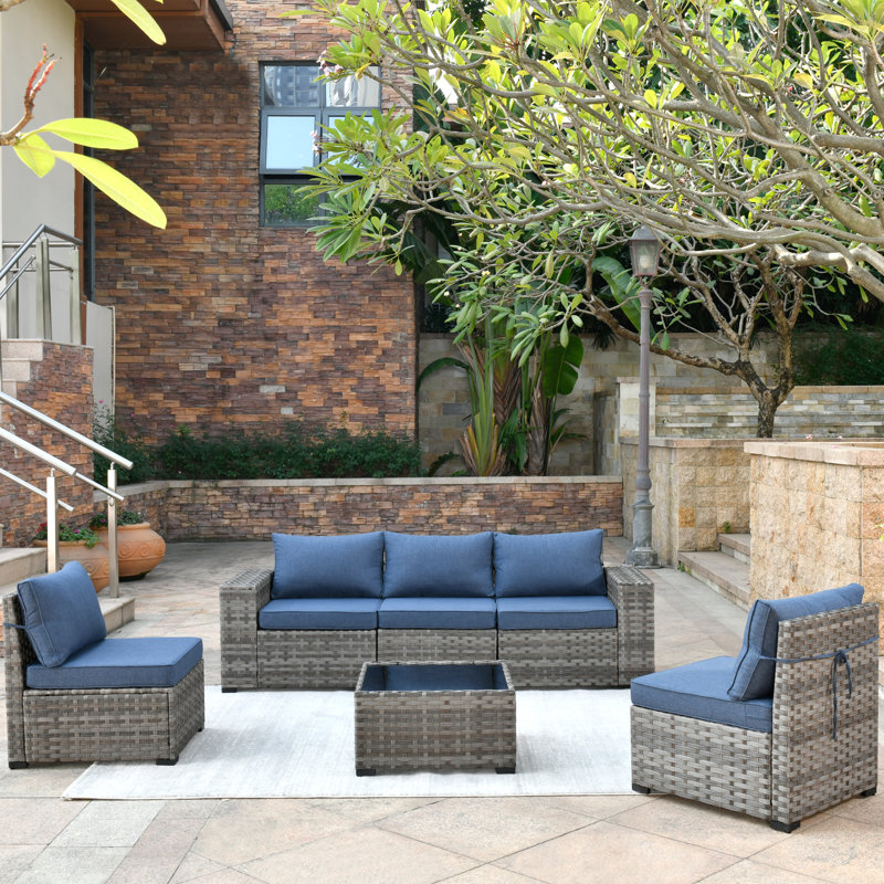 Ensemble de mobilier de patio en osier pour 5 personnes avec coussins confortables et table basse, Bleu