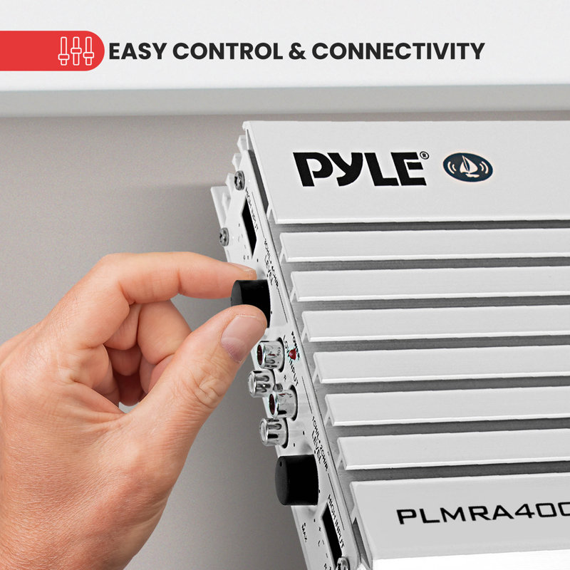 Pyle Hydra Marine Amplifier - Amplificateur audio 4 canaux 400 watts de la série Elite, imperméable, 12 volts, double alimentation MOSFET, commandes de niveau de gain, entrée stéréo RCA et indicateur DEL - PLMRA400