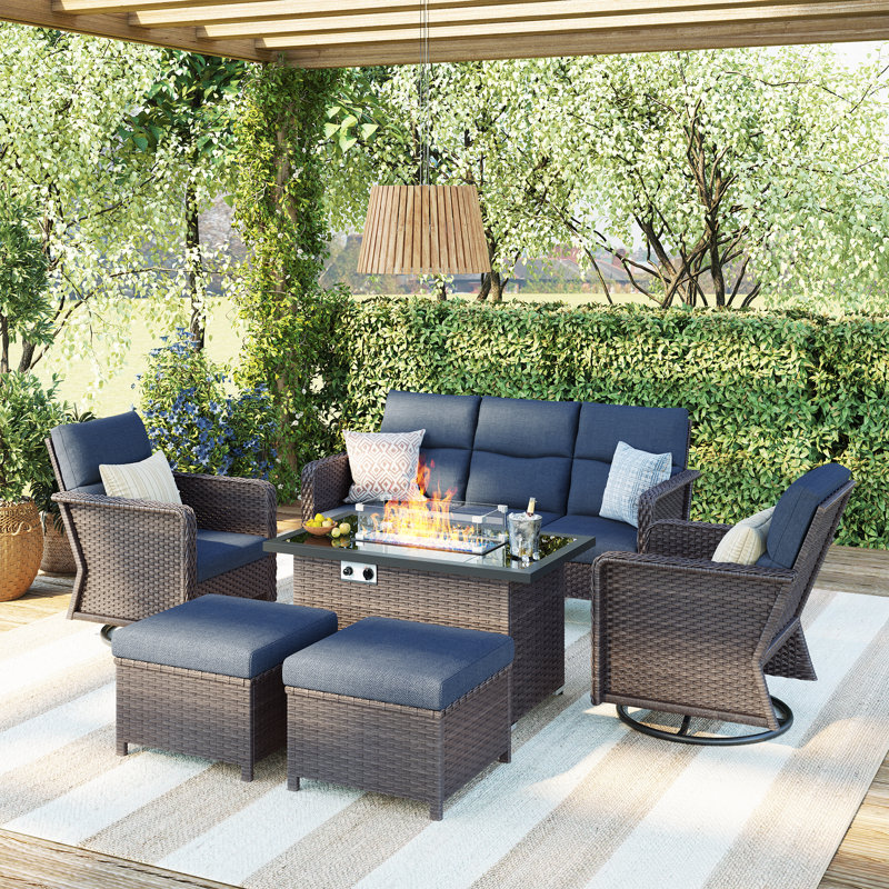 7 - Person Outdoor Swivel Rocking Chair Conversation Set With Fire Pit Table And Cushions, Blue