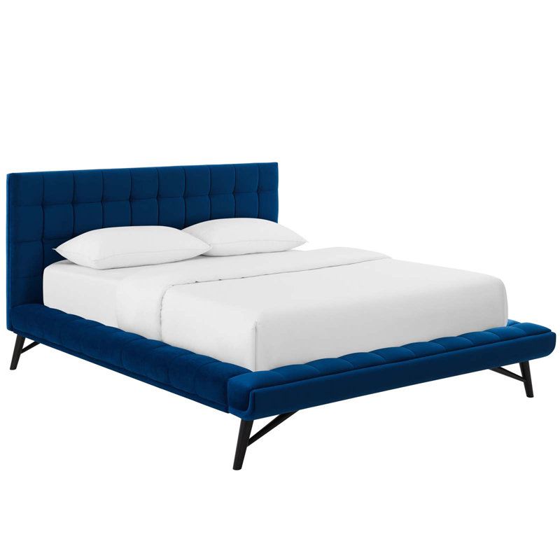 Grand lit plateforme tapissier en tissu touffeté Julia, Bleu marine