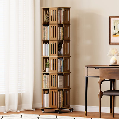 Square 360° Rotating Solid Wood Bookcase with Lockable Casters, Freestanding Book Storage Organizer with Anti-Fall Side Guard & Widened Double Base
