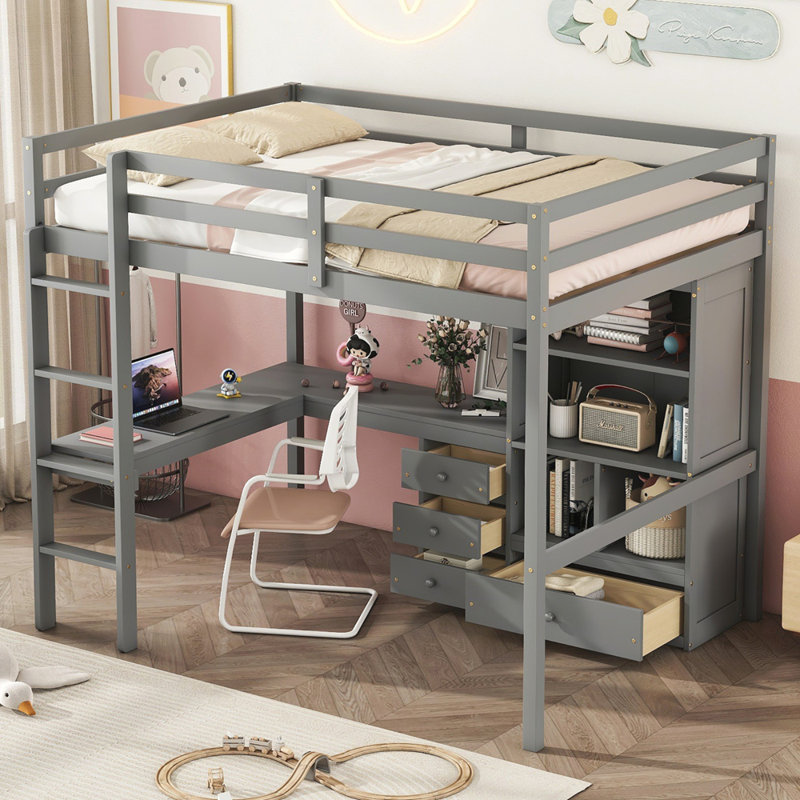 Loft Wood Bed with Desk, Storage shelves and Drawers, Built-in Ladder, High Loft Bed with Desk, Storage Shelves and Drawers,Guardrails