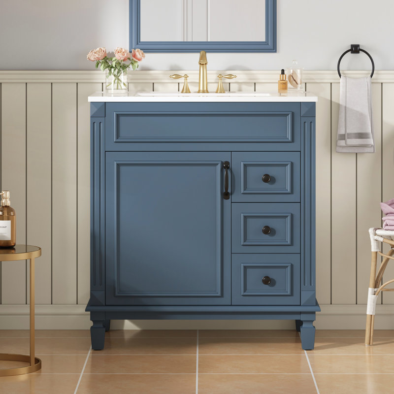 Élégant meuble-lavabo de 30 pouces avec lavabo en céramique, 2 tiroirs et tablette réglable pour les petits espaces, Bleu