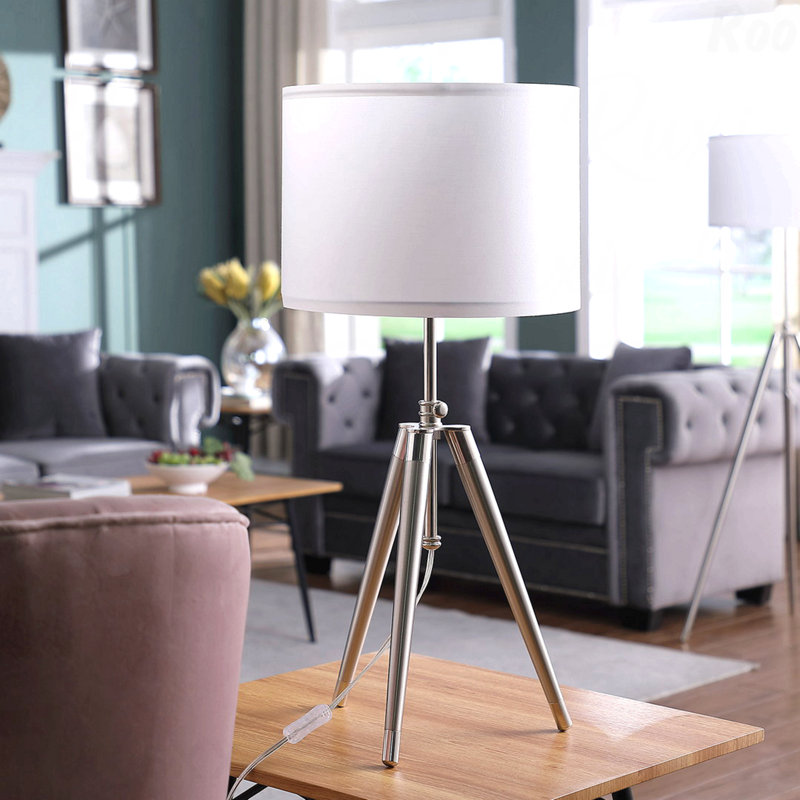 Lampe de table - Style Mid-Century, trépied réglable, finition chrome et argent, cadre en métal