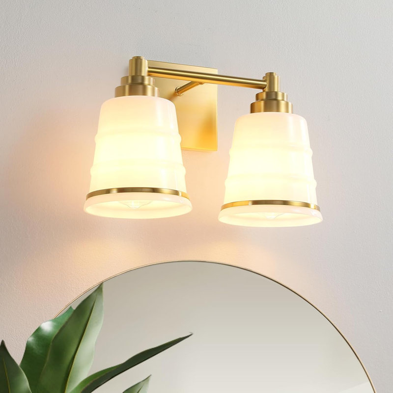 Modern Gold Vanity Light Fixture With Milky White Glass Shade, 2-Light Wall Sconce For Bathroom Mirror Lighting, E26 Base Not Included