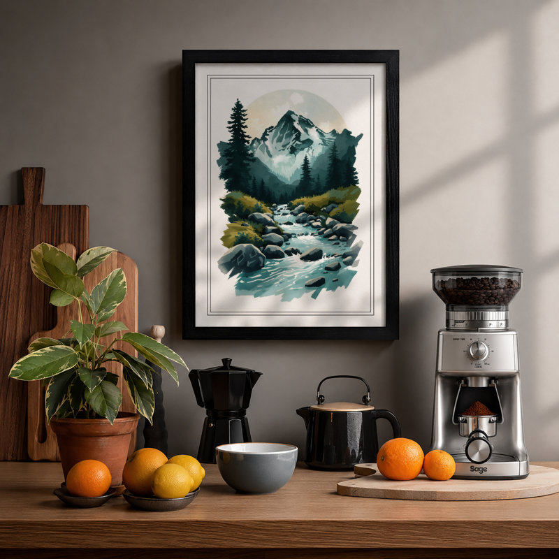 Mountain And Stream Scandinavian - Print, A1 - 84.1 x 59.4 cm, Black