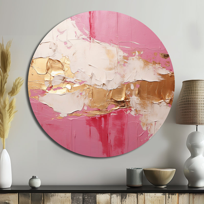 Minimalisme rose et doré Horizon I - art mural rond abstrait en métal, H 23 po x l 23 po