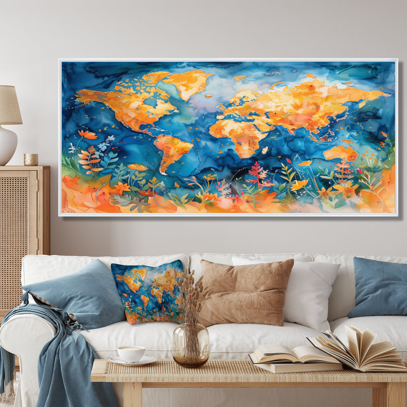 Orange Blue World Map - World Map Wall Decor, 28" H x 60" W x 1.5" D, White Floater Framed