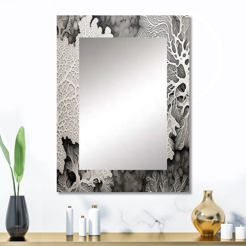 Abstrait corail noir et blanc abstrait II - grand miroir mural sur métal, 32 po x 24 po