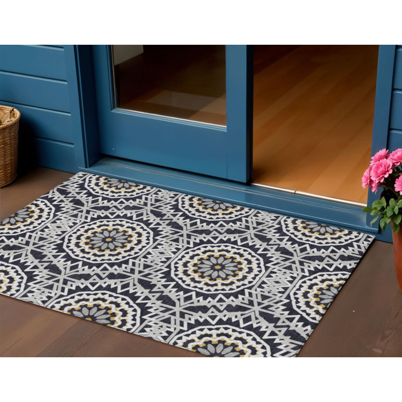 Tapis extérieur lavable à motif de médaillon noir ivoire et gris 3 pi x 5 pi
