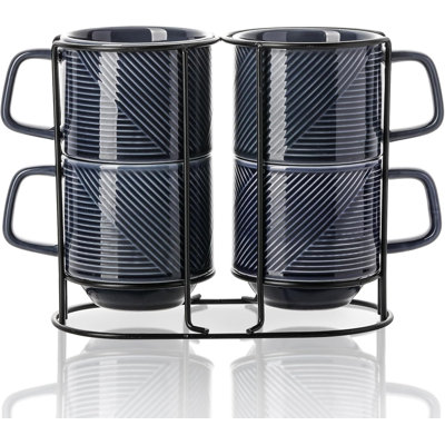 Stackable coffee cup with holder, 13 ounces, ceramic cup stacking bracket -4-piece set navy color