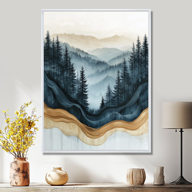 Forêt brumeuse de conifères IV - Tableau encadré de pins, H 20 po x l 12 po, Cadre flottant blanc