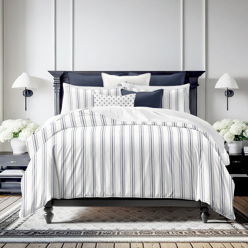 August Stripe Reversible Cotton Duvet Cover Set, Denim, Queen Duvet Cover + 2 Queen Shams