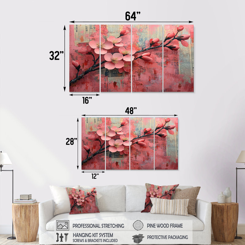 Fleurs de cerisier en rose et or II - ensemble de reproductions d'art mural cerisier en fleurs, H 32 po x l 64 po