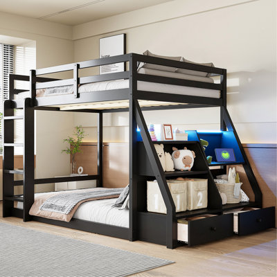 Lit superposé double avec lumières DEL contrôlées par l'application (7 couleurs), ports USB, tablettes de rangement et 2 tiroirs