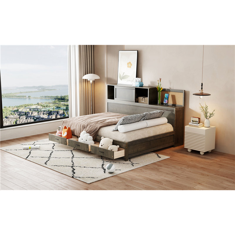 Full Size Wooden Daybed In Gray Color, Comes With 3 Storage Drawers, Soft Headboard, And Device - Charging For Mobile Gadgets Function, Shelf, Sockets Tech