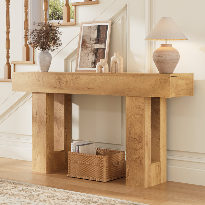 63" Farmhouse Console Table with 2 Drawers, Rustic Entryway Table for Hallway Living Room, Beige