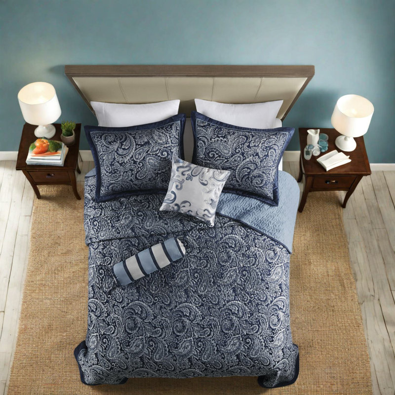 Classic Navy Jacquard Bedding Sets, Cotton Comfort, Reversible Design