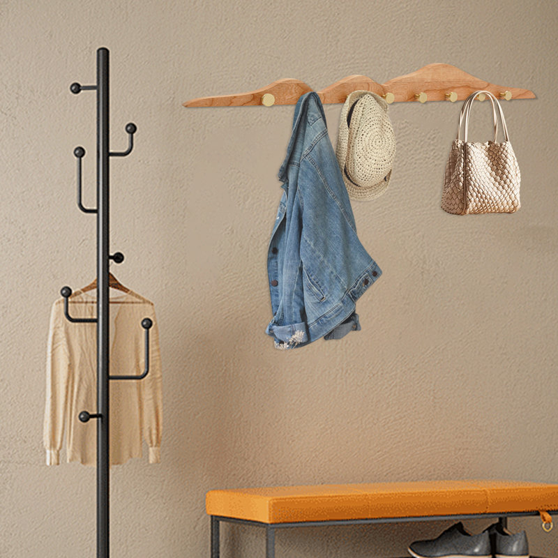 31.5" Mountain-Shaped Walnut Wall Coat Rack with 8 Brass Hooks, Modern Entryway Organizer, Natural