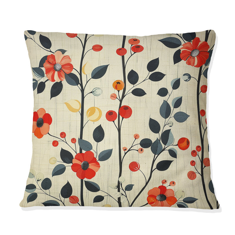 Coussin décoratif orange et vert floral harmonie - Mid-Century, H 18 po x l 18 po