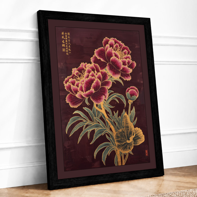 Ornate Peonies with Script Botanical - Framed Print, A3 - 42.0 x 29.7 cm, Black