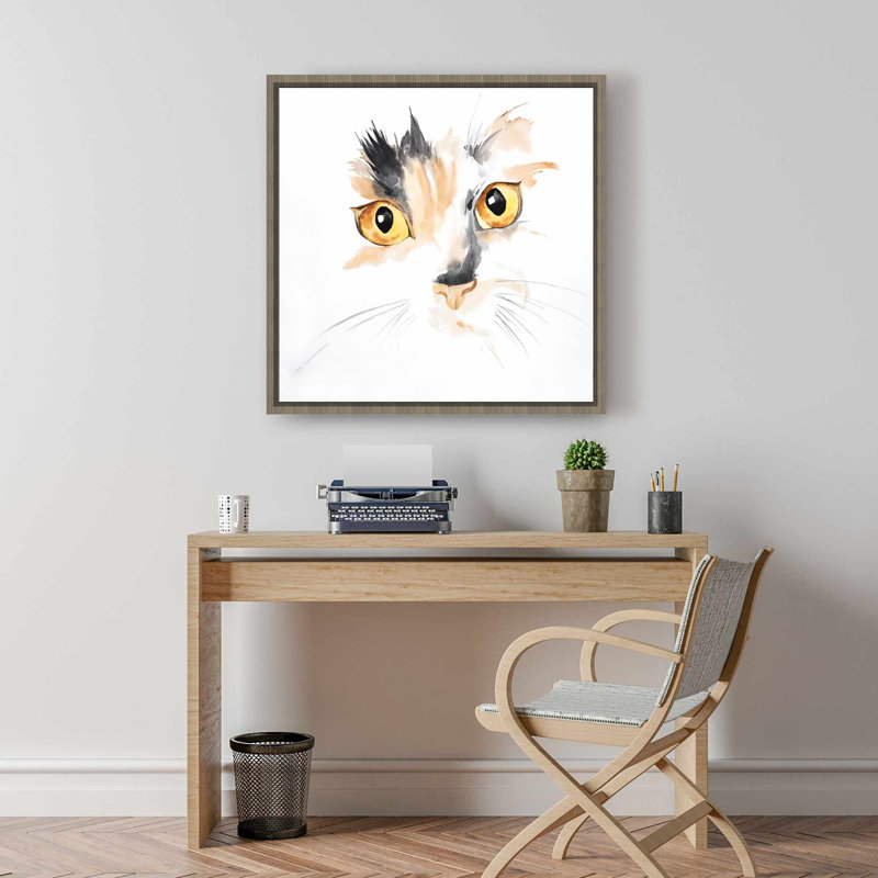 Aquarelle sur fond de visage de chat, toile encadrée - gris