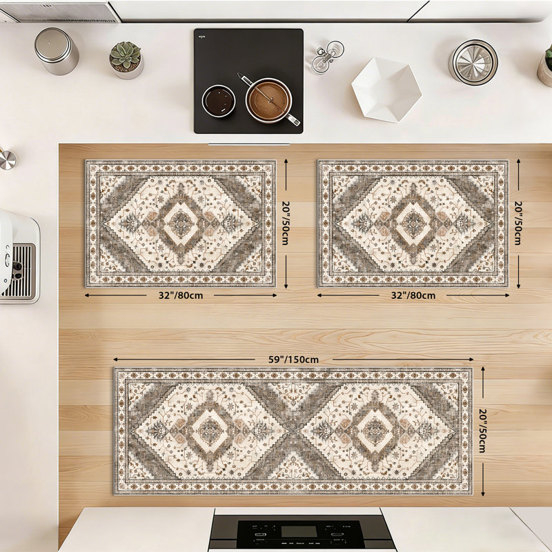 Washable Kitchen Rugs Non Slip Kitchen Mats (Set of 3), Brown