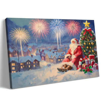 Grand art mural de Noël sur toile, père Noël assis par un arbre festif et cadeaux dans un paysage de feux d'artifice du village enneigé, peinture rétro de paysage d'hiver pour le salon, la chambre, le bureau, le décor, 32 po x 48 po