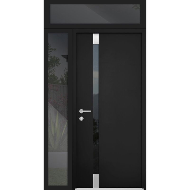 Porte d'entrée extérieure prémontée en acier Cynex 6777, noire, avec fenêtres latérales et supérieures, inserts en acier inoxydable, style moderne, peinte, dimensions : L 81,3 cm x H 203,2 cm, ouverture à droite vers l'extérieur.