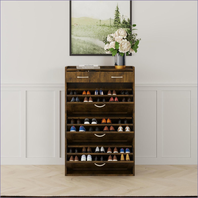 Shoe Cabinet, Walnut Brown Modern Minimalist 3-Layer Flip Bucket with Drawers, 31.5 Inches | Entryway | MDF, Brown