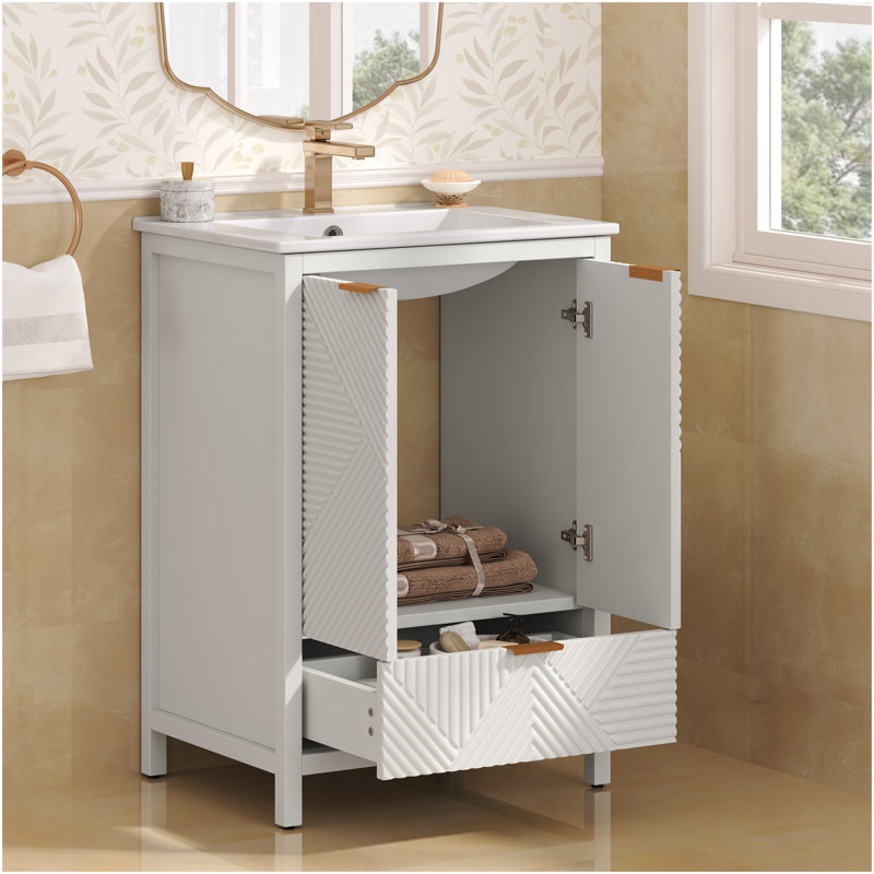 Ensemble de meuble-lavabo 24 po avec lavabo, meuble-lavabo moderne avec trou de robinet simple, panneaux de porte texturés et tiroir, pieds en pin, grand espace de rangement et charnières à fermeture douce, blanc
