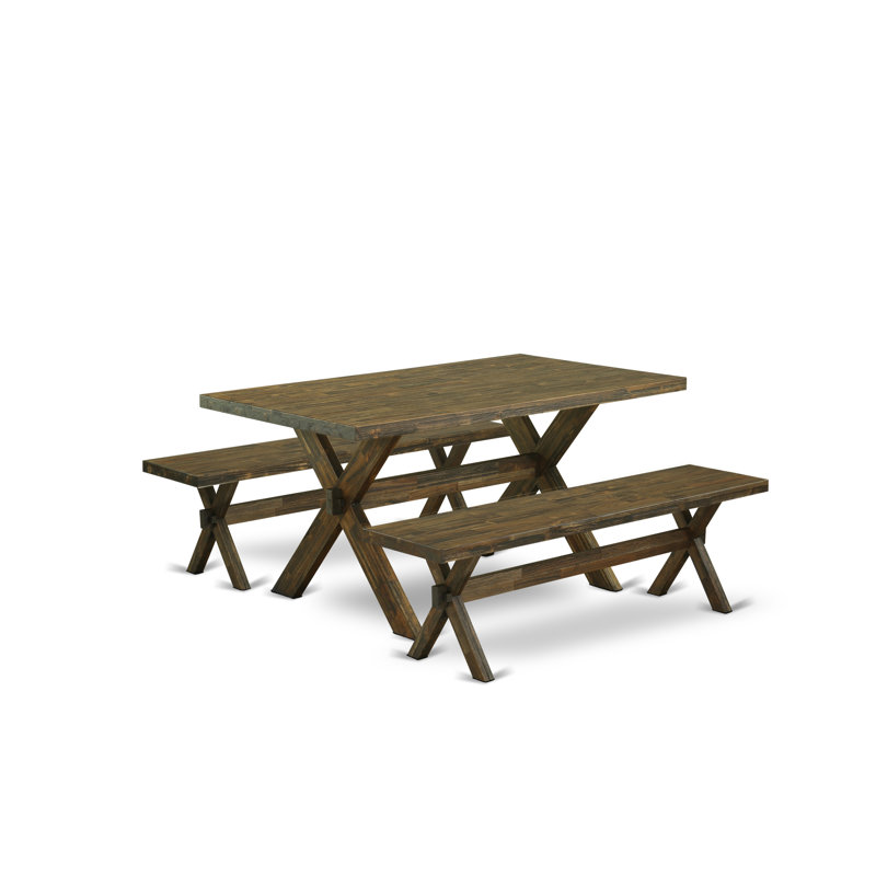 L'ensemble de table de salle à manger moderne 3 pièces comprend une table rectangulaire en bois avec pieds en X et 2 bancs, finition jacobine patinée