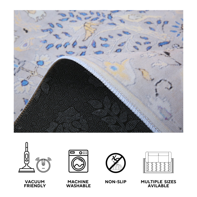 4X6 Modern Gray Birds Machine Washable Area Rug with Built-in Padding and Non-Slip Backing, Rectangle 6' x 9'