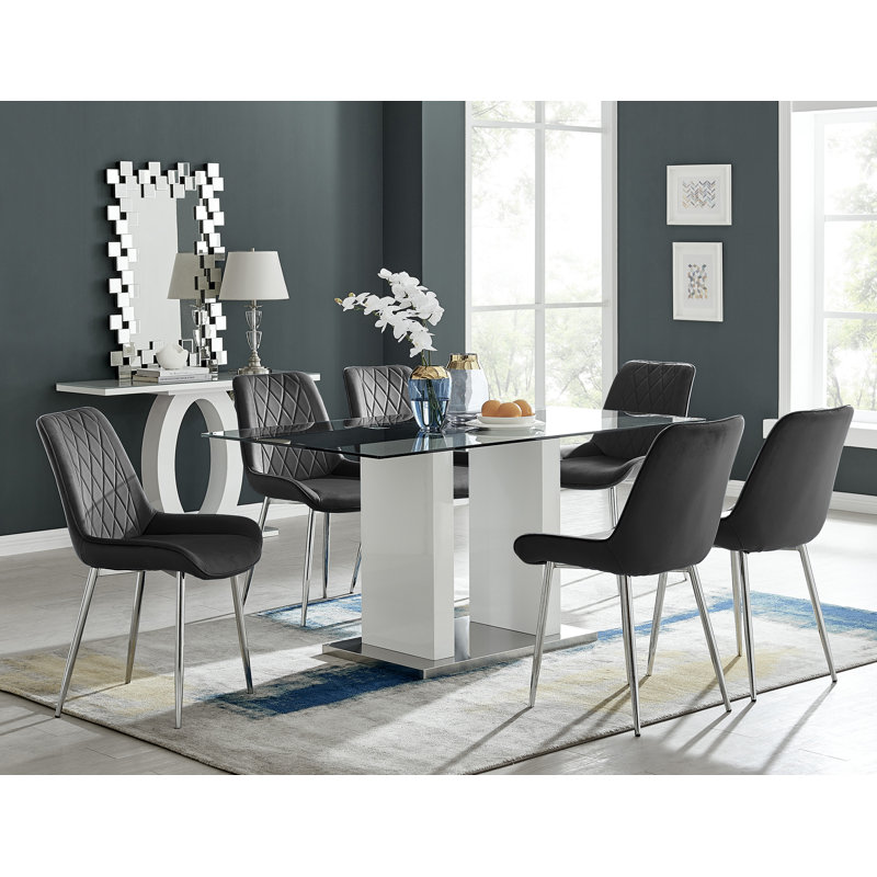 Ransart Modern Luxury Glass & Metal Dining Table Set With 6 Luxury Velvet Dining Chairs, Black