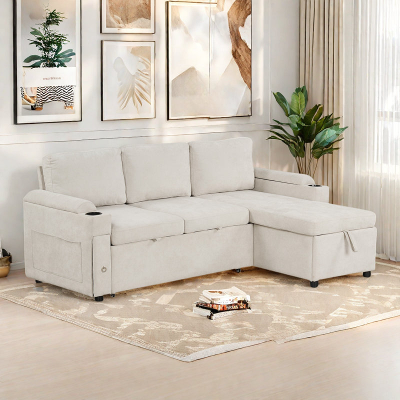 L-shaped Convertible Sofa Bed With Reversible Chaise Lounge, Two Cup Holders, Two Usb Ports And Ample Storage Space, Beige