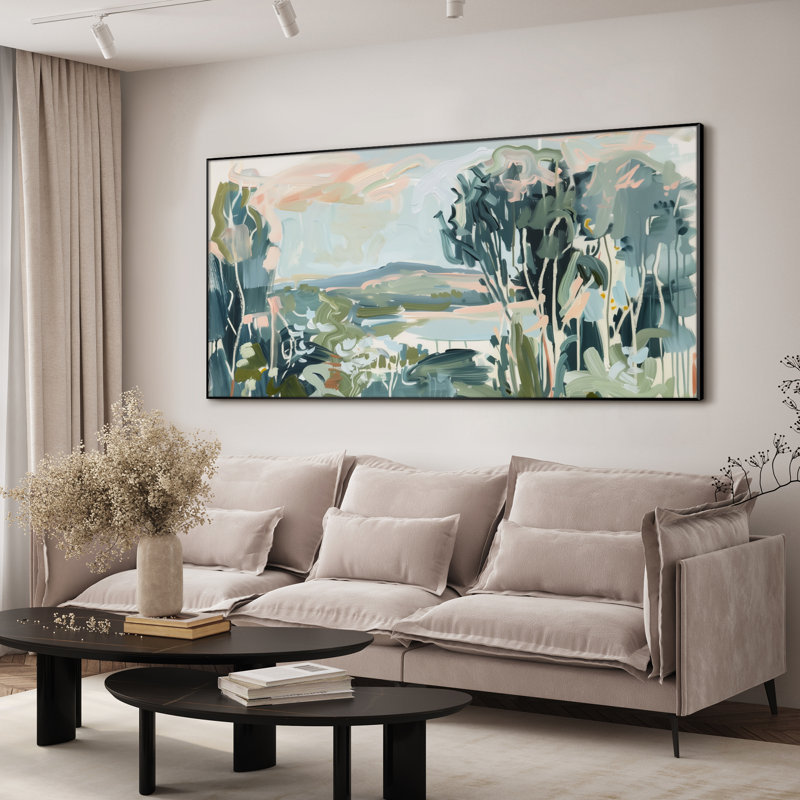 Très grande reproduction d'art sur toile - paysage contemporain lâche en vert et rosé, décoration pour le salon ou la chambre à coucher - «Assemblage requis du cadre (cadre non fini)»