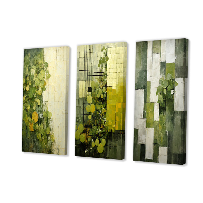 Ensemble de 3 reproductions d'art sur toile Green Eco amical Symphony I - Abstract Botanicals, Toile tendue