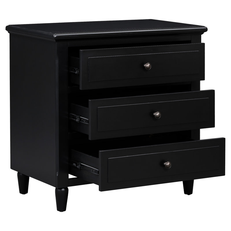 Table de chevet noire 3 pièces, en pin massif, avec glissières métalliques lisses, entièrement assemblée, idéale pour le salon et comme table de chevet. Les tiroirs coulissants optimisent l'organisation de votre espace.