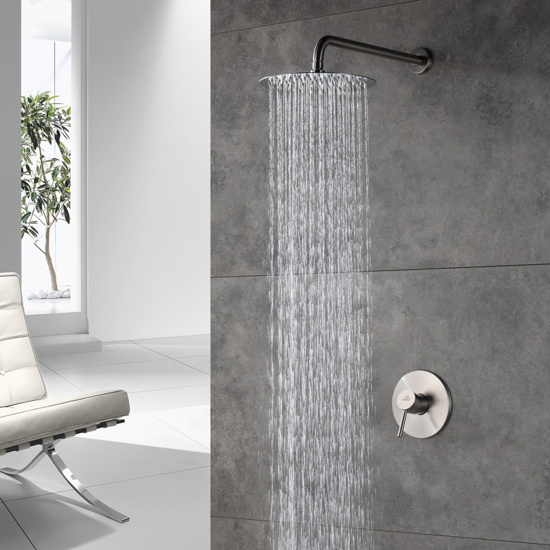 Système de douche complet rond à fonctions simples avec valve brute, Nickel brossé