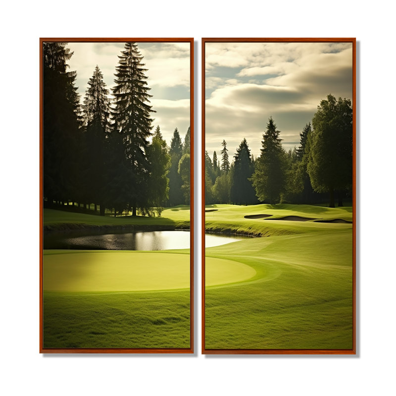 Golf Fairway Serenity - art mural moderne, 20" H x 24" W, Brown, Impression encadrée flottante