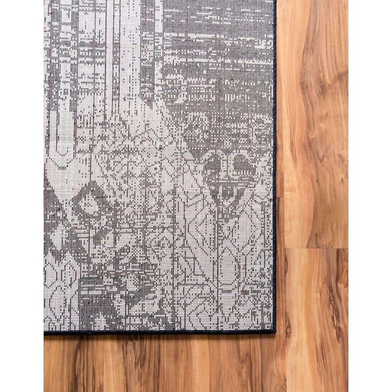 Tapis blanc / noir à motif géométrique Hewan, Rectangle 10 pi x 14 pi 1 po
