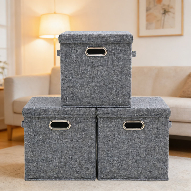 Foldable Fabric Cube Storage Box with Lid, Stackable and Sturdy, Gray